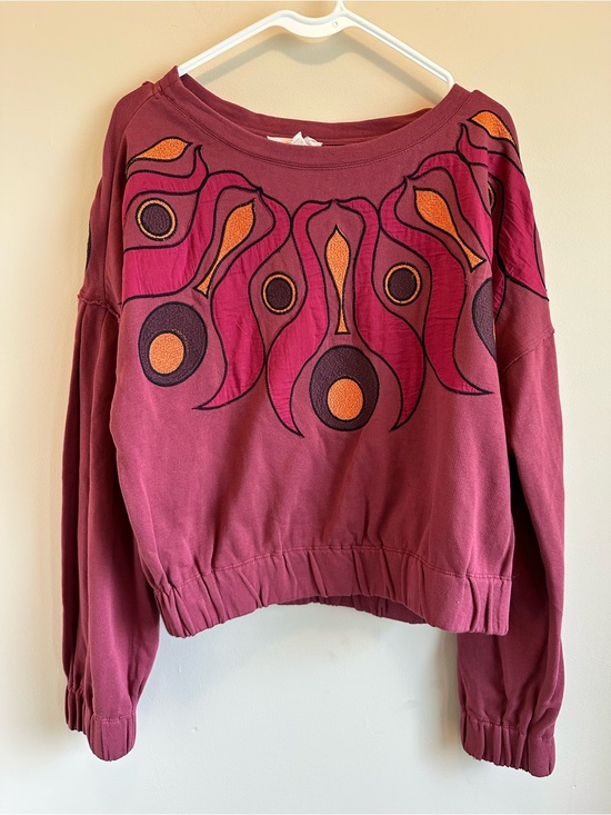 Anthropologie Tops - Anthropology Woman’s M Embroidered Sweatshirt Cropped Peacock Feather Boho Puff